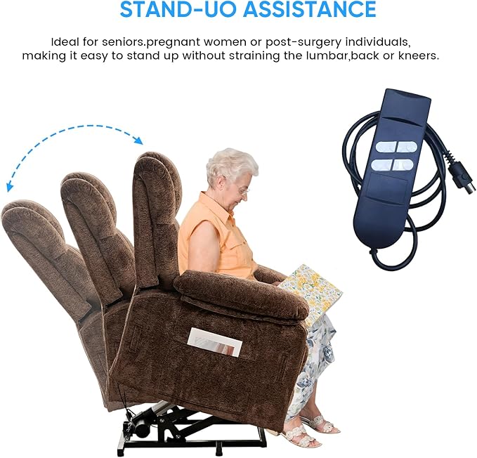 PUREMIND Power Lift Recliner Chair for Elderly Dual Motor Electric Recliner with Massage and Heat Ergonomic Massage Chairs with Side Pocket &amp Remote - Velvet Fabric Strong Support Brown