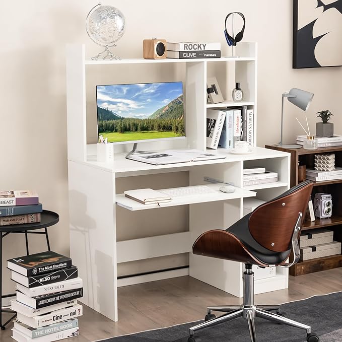 COSTWAY White Modern Large Computer Desk with Storage Shelf Office Desk with Hutch CPU Stand &amp Keyboard Tray Home PC Desk with Bookshelf for Bedroom Study Living Room
