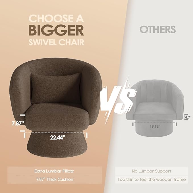 Swivel Accent Chair Modern Upholstered Barrel Chair with 360° Swivel Soft Teddy Fabric &amp Extra Lumbar Pillow Stylish Round Accent Chair for Living Room Bedroom Nursery – Brown1PC