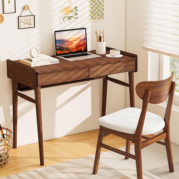 Tangkula Bamboo Mid Century Desk with 2 Storage Drawers Home Office Study Writing Desk with Shelf &amp Cable Management Groove Home Office Desk for Working &amp Learning (Brown)