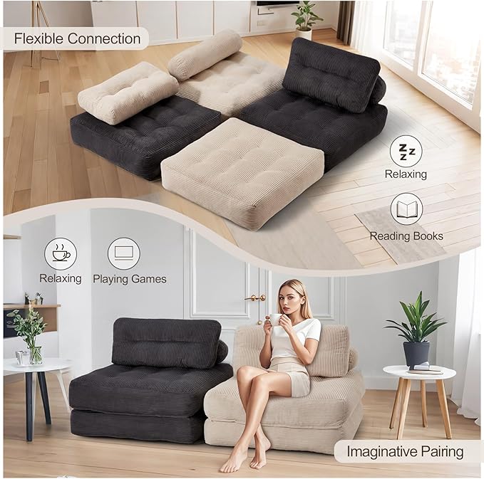 MELLCOM Foldable Sofa Bed - Adjustable Convertible Chair Tufted Sleeper Couch Portable Folding Lounge Sofa Foam-Filled Pull-Out SofaBed for Living Room Bedroom Cream White