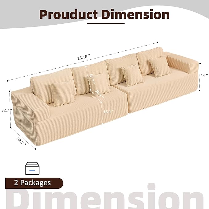 Chaise Lounge Chair Boneless Couch for Living Room and Bedroom Set of Sleeper Couches Reading Chairs Corduroy White