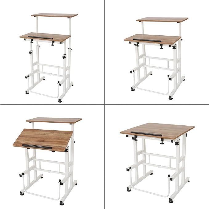 SDADI L101XWFDT Adjustable-Height Steel-Framed Mobile Standing Office Computer Desk with 2 Tiers and Lockable Caster Wheels Dark Grain