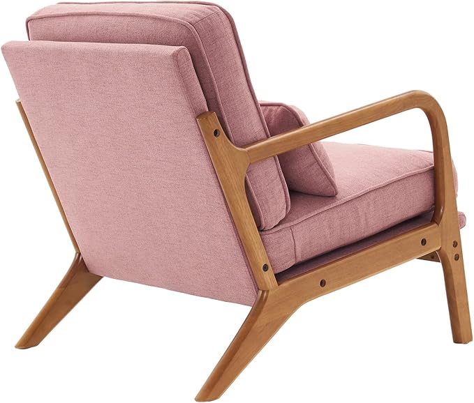 i-POOK Accent Chair Mid-Century Linen Fabric Upholstered Armchair with Pillow and Back Cushion Comfy Single Sofa Chair with Solid Wood Legs Reading Chair for Living Room Bedroom Office Pink