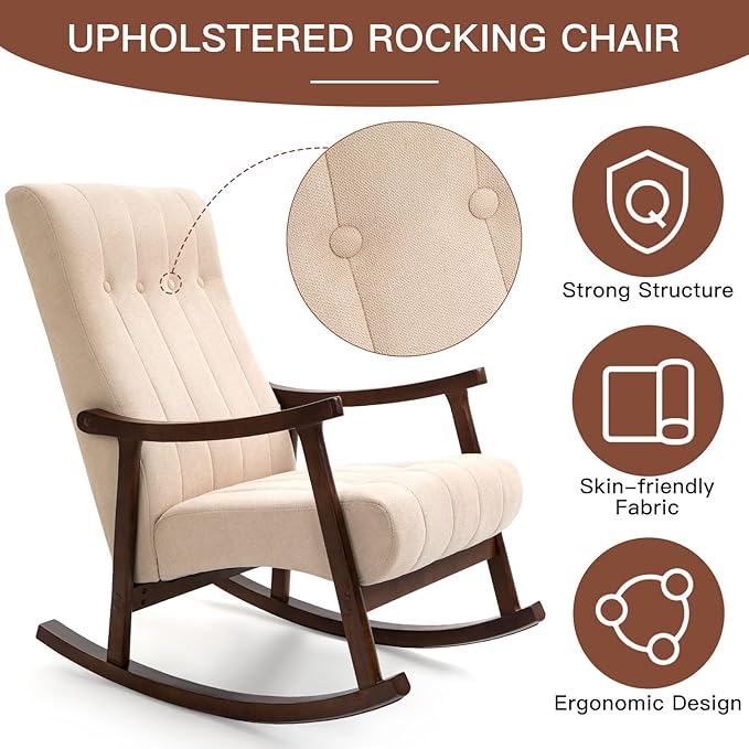 AVAWING Upholstered Rocking Chair with Fabric Padded Seat Comfortable Rocker Solid Wood for Living Room Modern High Back Armchair for Adult Beige