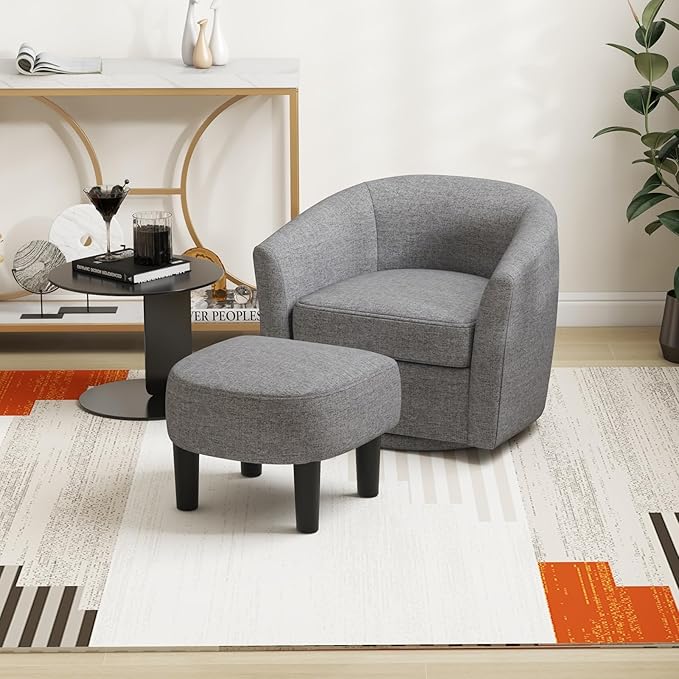 GOFLAME Swivel Barrel Chair with Ottoman Modern Linen Fabric Accent Chair with Footrest Curved Backrest Removable Seat Cushion Upholstered Club Tub Sofa Chair for Bedroom Living Room Grey
