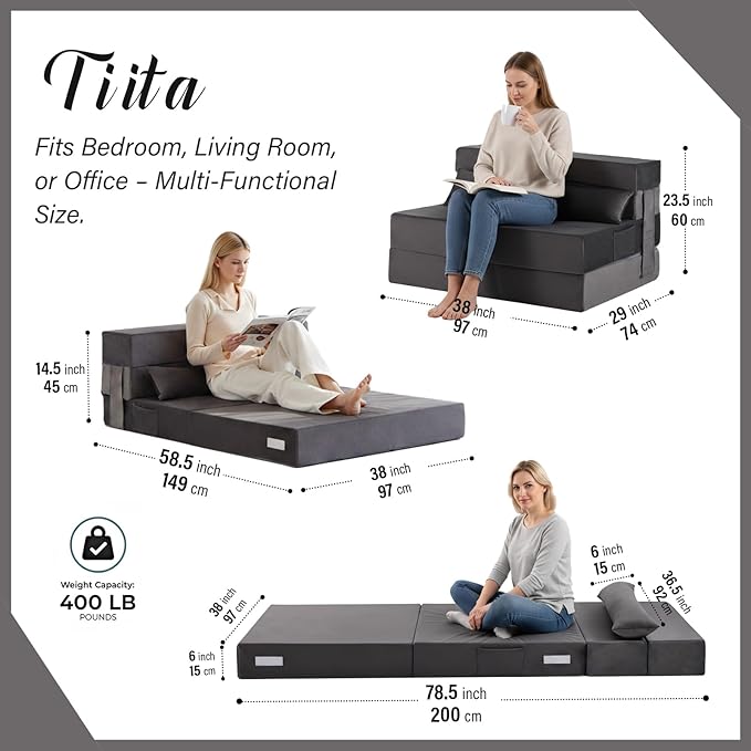 Tiita Folding Sofa Bed Couch Twin Size Foldable Futon Chair with Pillow Folding Sleeper Sofa Chair Bed Floor Mattress for Guest Room Living Room Dark Grey