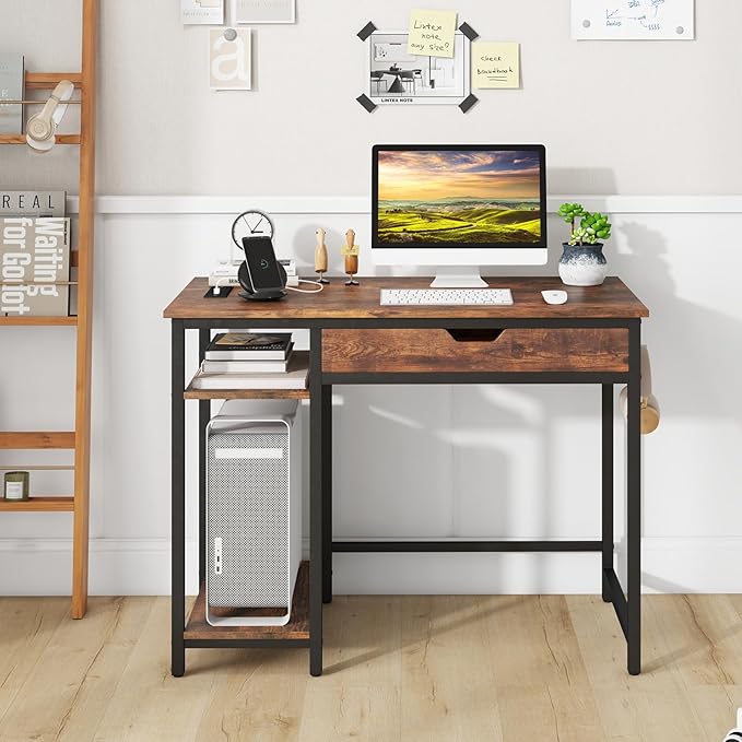 Tangkula Computer Desk with Charging Station 40” Industrial Home Office Desk with Drawer &amp Adjustable Shelf Compact Computer Workstation with CPU Stand &amp Headphone Hooks Study Writing Desk