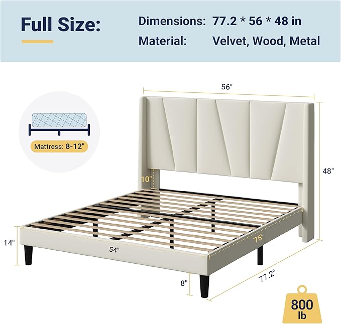 Allewie Full Size Platform Velvet Bed Frame with Geometric Wingback Headboard Boho Upholstered Bed with Wooden Slats Support No Box Spring Needed Easy Assembly Cream