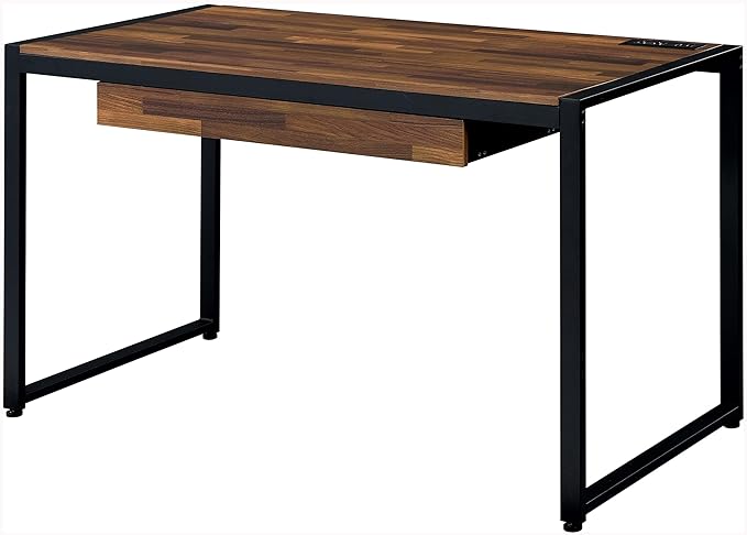 HOMES: Inside + Out Siggers Industrial 1-Drawer Metal USB Port 51 in. Desk for Study Room Home Office Living Room Sand Black and Natural Brown