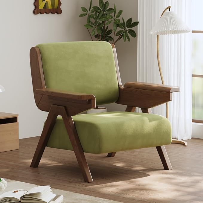 Accent Chair Set of 2 Mid Century Modern Chair Velvet Upholstered Lounge Arm Chair with Solid Wood Cozy Seating for Living Room Bedroom Balcony (Green)