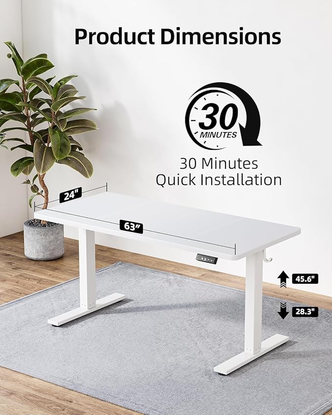 TIQLAB 63 x 24 Inch Electric Standing Desk Sit to Stand Up Work Home Office Table for Study Writing and Games Splice Board White
