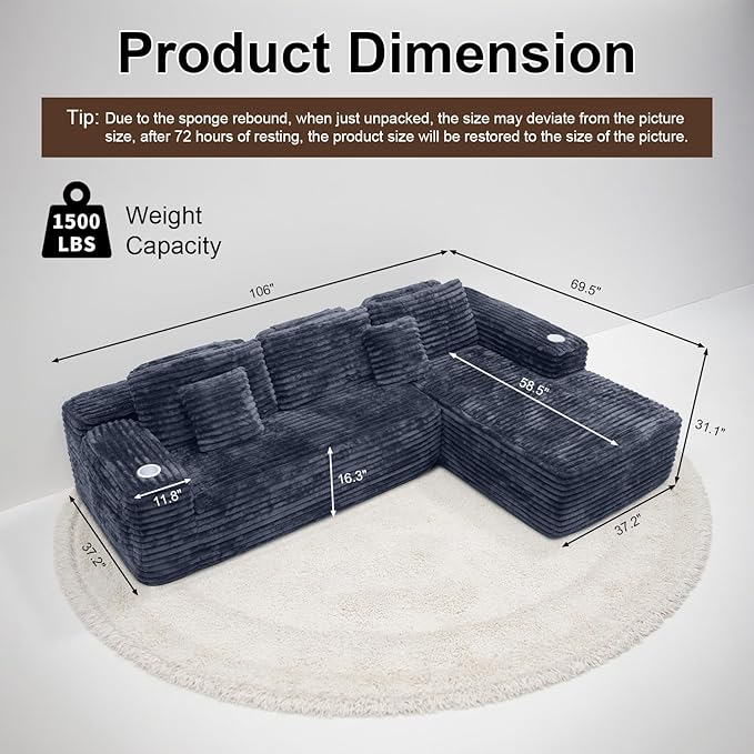 2026 New Cloud Sectional Couch with L-Shape Chaise Built-in Cup Holder &amp Storage Pocket Boneless Couch for Living Room Bedroom No Assembly Required (Dark Grey Right Facing Chaise)