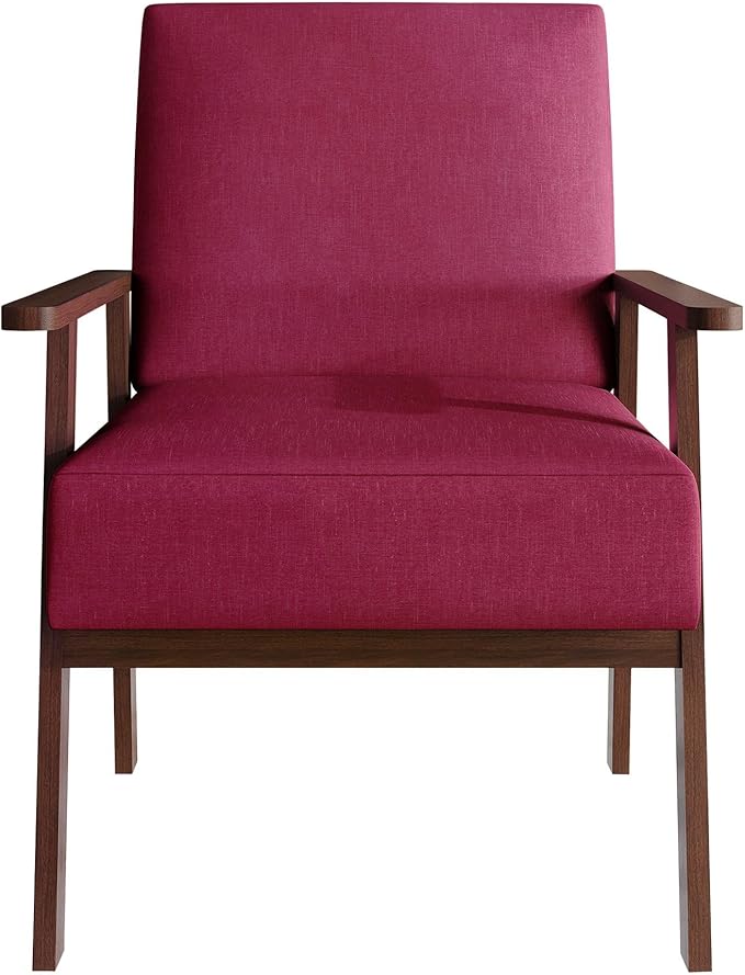 Mid-Century Modern Accent Chair Linen Upholstery Wooden Armrests Cushioned Seat Easy Assembly Pink