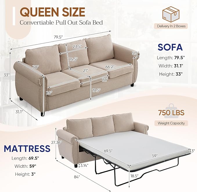 Queen Pull Out Sofa Bed 2-In-1 Pull Out Couch Bed with Memory Foam Mattress &amp Riveted Rolled Armrests 3 Seater Convertible Sleeper Sofa Foldable Couch for Living Room Bedroom Apartment(Beige)