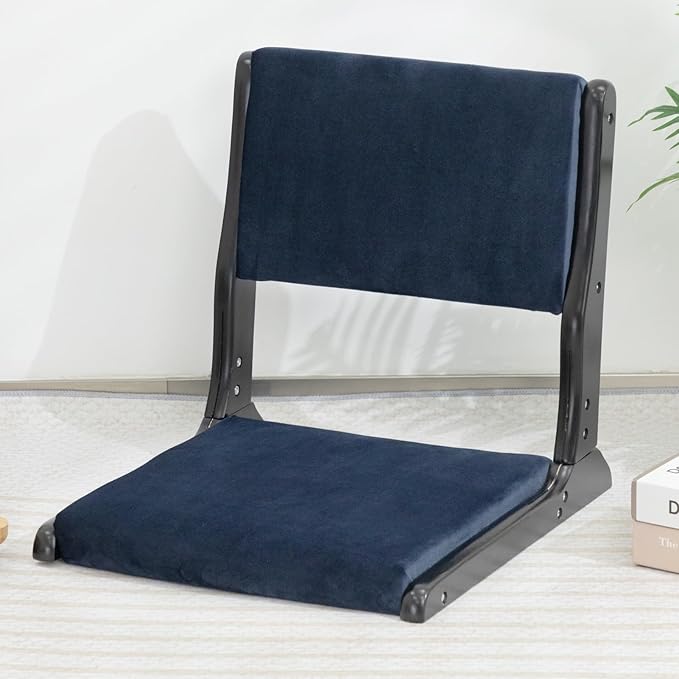 HollyHOME Foldable Tatami Chair Upholstered Japanese Style Floor Chair Wood Legless Back Rest Chair with Cushion Accent Meditation Floor Seat for Bay Window Living Room Bedroom Dark Blue