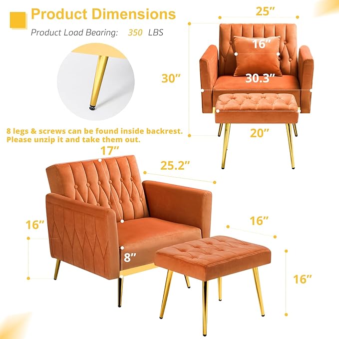 2 Pieces Velvet Sofa Set with Adjustable Armrest and Backrest 70” Convertible Futon Sofa Bed &amp Mordern Accent Chair with Ottoman for Living Room Bedroom Orange