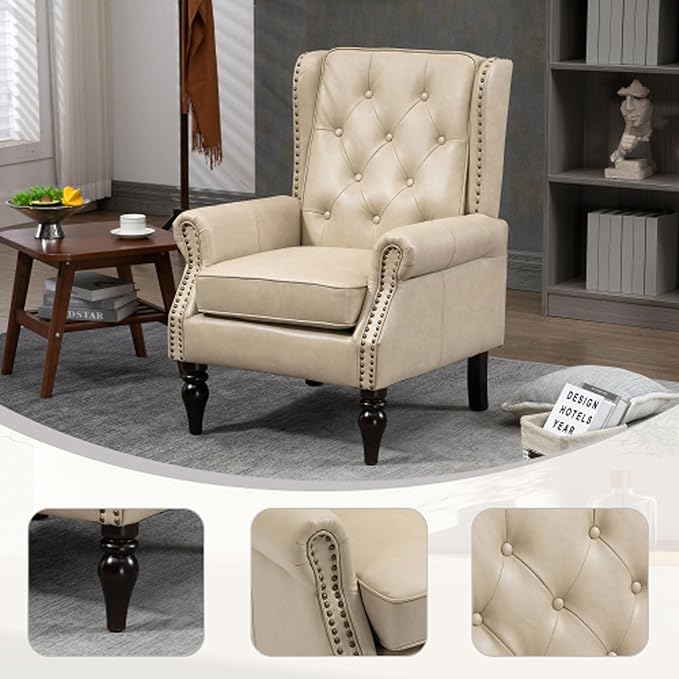 Brown Leather Accent Chair with High Back Vintage Tufted Wingback Chair with Arms &amp Rivet Upholstered Armchair &amp Single Sofa Chairs for Living Room Bedroom Office Apartment (Beige)