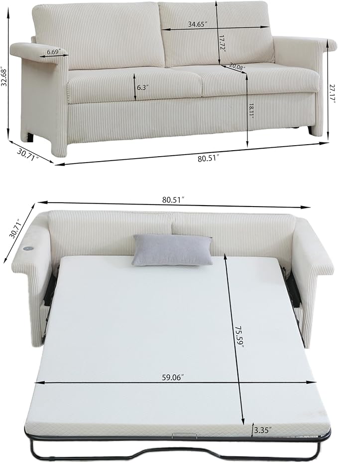Full Size Sleeper Sofa Bed Pull Out Couch with Queen Size Memory Foam Mattress 2-in-1 Convertible Corduroy Loveseat Sleeper for Small Apartment USB Charging (Beige2)