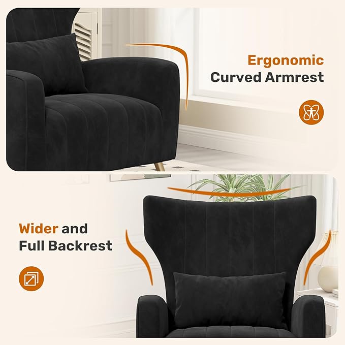Velvet Accent Chair Wingback for Living Room High Back Arm Chair with Golden Legs Lumbar Pillow Upholstered Single Sofa Bedroom Black