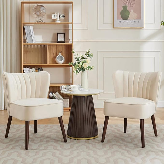 Modern Velvet Accent Chair Set of 2 Soft Upholstered Living Room Chair with Wooden Legs Comfy Armless Lounge Chair for Living Room/Makeup/Office/Bedroom Beige