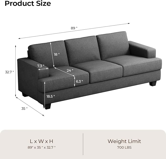 89 Inch Sofa with Extra Deep Seats Oversize 3 Seater Sofa for Living RoomModern Couch and Sofa Comfy Armrests and Seats and Backrests Easy Installation Grey