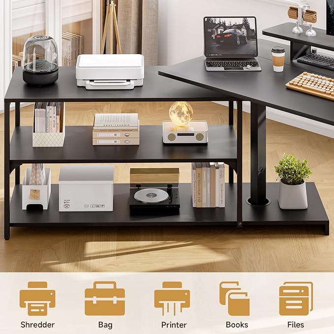 ONBRILL L Shaped Standing Desk with File Cabinet 63x24'' Electric Stand Up Desk with Monitor and Storage Shelf Adjustable Height 28-46'' for Home and Computer Workstation Black