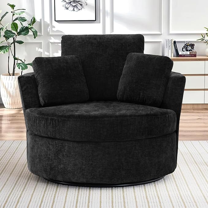 42 W Modern Black Swivel Barrel Chair with 360° Round Metal Base &amp Soft Chenille Pillows &amp Thick Cushion Comfy Oversized Chaise Longue Indoor Living Room Bedroom Club Reading Armchair (Blac