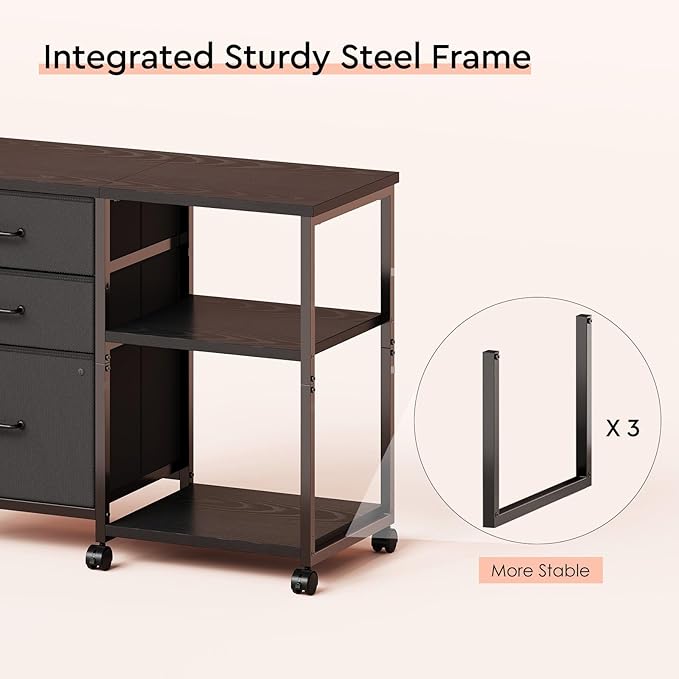 3 Drawer File Cabinet with Wheels Rolling Printer Stand with Open Storage Shelf Fabric Lateral Filing Cabinet for Home OfficeBlack