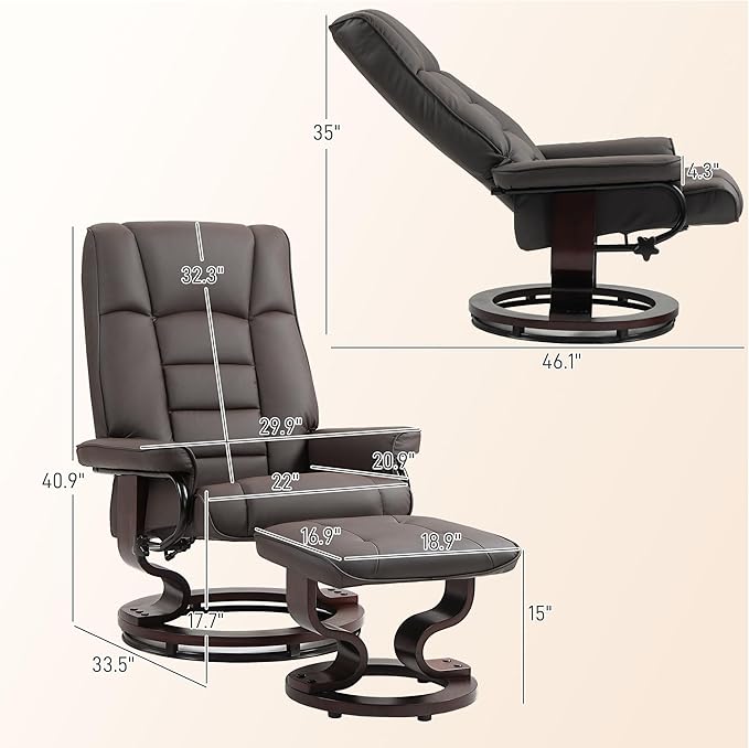 Recliner with Ottoman Swivel Recliner Chair and Ottoman Faux Leather Reclining Chair with High Back and Wood Frame for Living Room Bedroom Brown
