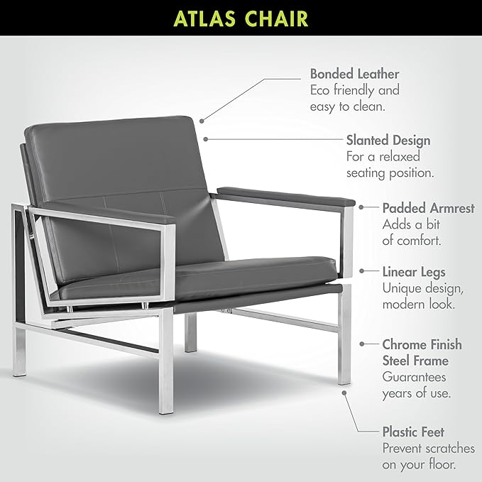 Atlas Modern Accent Chair in Blended Leather Chrome / Gray