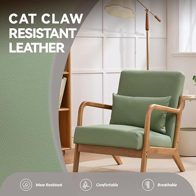 Mid Century Modern PU Leather Accent Chair Living Room Chairs with Lumbar Pillow Boho Arm Chiar Reading Chair with Solid Wood Frame for Living Room Bedroom