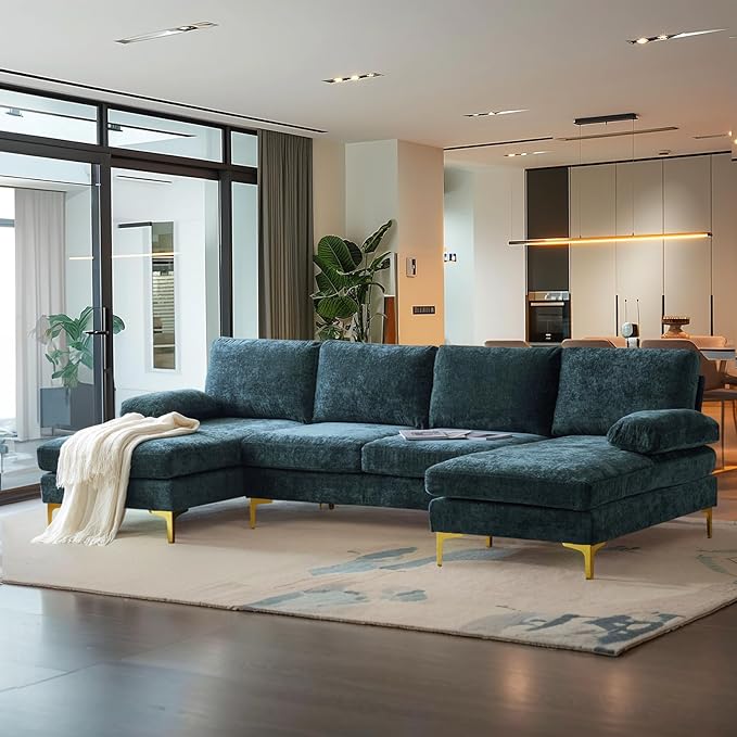 VINGLI 110 Large U-shape Sectional Sofa Couch with 51D Double Chaise for Living Room Modern Sectional Couch Set with Soft 5.9 Thickness Seating Padding Chenille Fabric Metal Gold Legs(Rich Cyan)