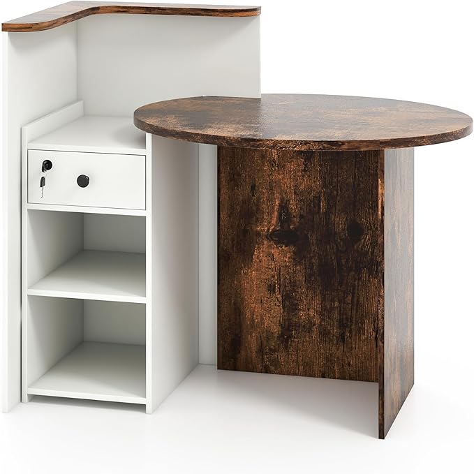Reception Desk Small Retail Checkout Counter with Lockable Drawer and Open Shelves Wooden Computer Workstation for Home Office Lobby White Oval Desktop &amp Brown Counter