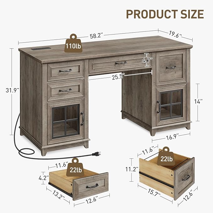 58 Farmhouse Executive Desk with Drawers LED Light Computer Desk with Drawers and File Cabinet Wooden Home Office Desk with Charging Station Workspace for Writing Greige