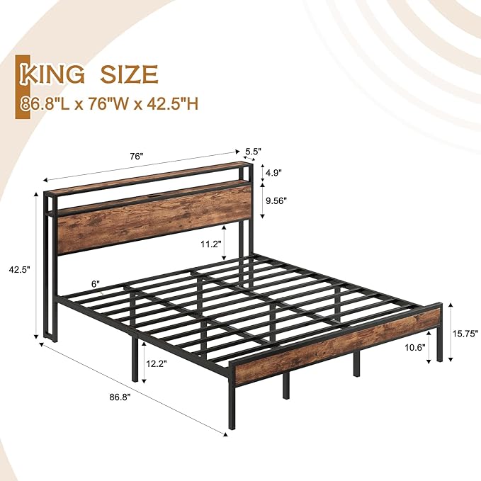 King Size Bed Frame with USB Charging Station &amp Storage Headboard Modern Metal Platform Bed with Large Under Bed Space Noise Free Easy Assembly No Box Spring Needed Rustic Brown