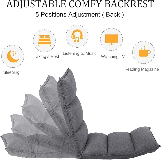 Fabric Folding Floor Chair with Headrest - 6-Position Head &amp Foot Recliner 14-Position Lumbar Support - Ergonomic Design for Reading Gaming and Relaxation 014GR