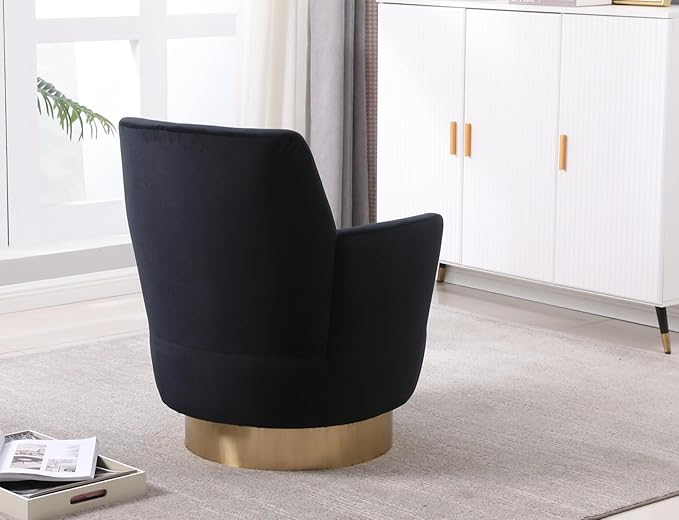 KEIKI Velvet 360° Swivel Barrel Chair with Gold Stainless Steel Base Accent Round Single-seat Upholstered Reading Sofa Armchair for Nursery Reading Living Room Bedroom Lounge Hotel Black Velvet