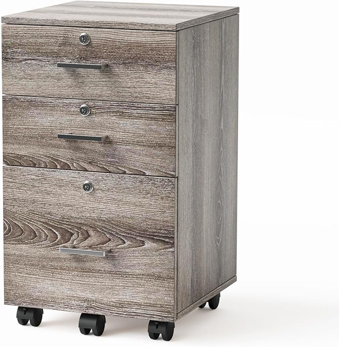 VINGLI 3-Drawer File Cabinet with Lock Wood Rolling Filing Cabinets for Home Office Mobile Printer Stand Under Desk File Organizer for Letter Sized Files 26 H(Caster Included)Gray Oak