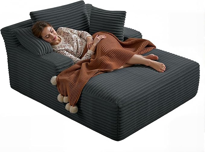 67 Inch Chaise Lounge Chair Indoor Oversized Corduroy Upholstered Boneless Sofa Bed Deep Seat Sleeper Couch Reading Chairs Cloud Sofas Couches for Living Room No Assembly Required (Dark Grey)