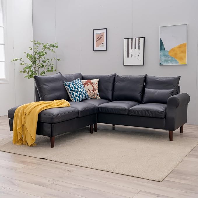 Panana 5 Seats Sectional Sofa Leathaire Fabric with Built-in USB Charging Port Chaise Right Corner L Shaped Couch (Black Leathaire 5 Seater Right Corner with Chaise)