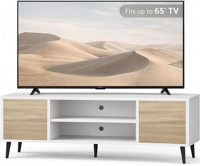 YESHOMY Modern TV Stand for 65 Television Entertainment Center with Two Storage Cabinets and Open Shelves Retro Style Media Console for Living Room Bedroom Office 58 Inch Light Beige