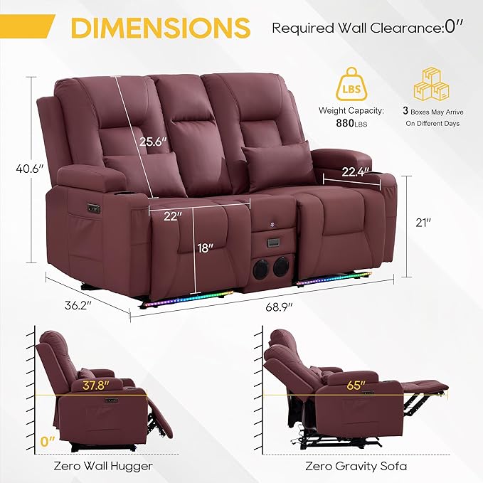 IPKIG Power Recliner Loveseat with Console Zero Wall Hugger Sofa Couch Faux Leather 2-Seater Sofa with LED Lights AC Outlets USB Ports Cup Holders Red | Storage Drawer Bluetooth Speaker Living