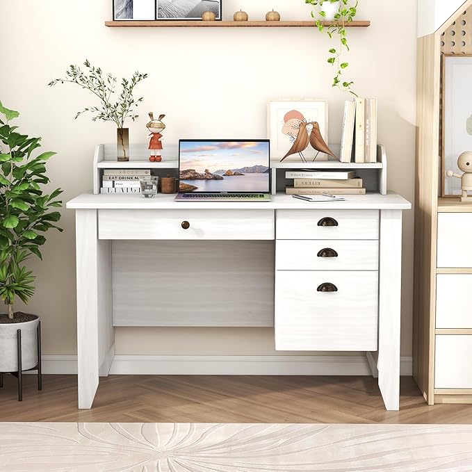 GLACER 48 Computer Desk with 4 Storage Drawers &amp Hutch Home Office Desk with Cable Hole for PC Laptop Wooden Writing Workstation Gaming Desk for Office Study Bedroom Small Spaces (White)