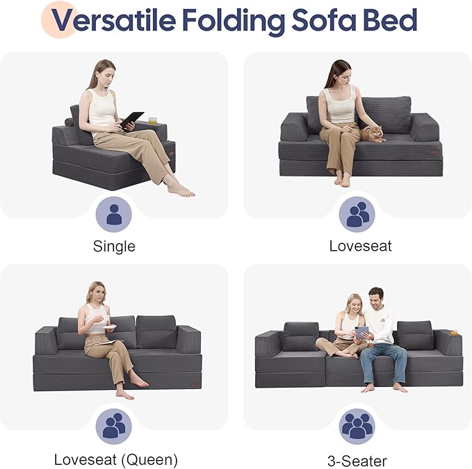 COMAX Folding Sofa Bed Foldable Couch for Bedroom Corduroy Convertible Floor Sleeper Futon Chair Foam 3 in 1 Fold Out Chair Portable Comfy Lounge Couch Single Sofa Bed for Small Space Guest Room