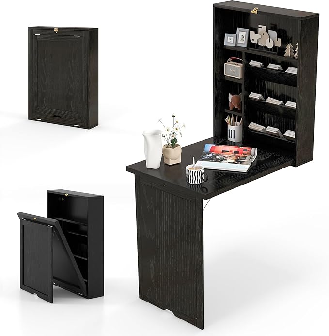Tangkula Foldable Wall Mounted Desk Floating Desk with Storage Shelves &amp Hooks Space-Saving Fold-Up Murphy Table for Small Spaces Home Office Dorm Room