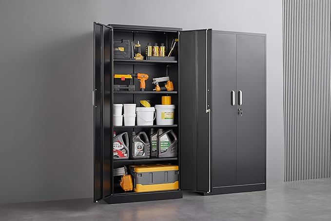 Metal Storage Cabinet with Adjustable Shelves Garage Cabinet with 2 Lockable Doors Garage Storage Cabinet Kitchen Pantry Cabinet - 71'H Black