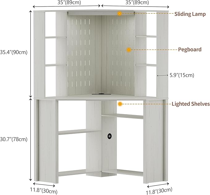 L-Shaped Corner Desk LED Light Computer Desk with Charging Station Hutch Storage Shelves &amp File Cabinet Home Office Desk Workstation for Small Space White