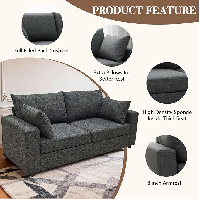 71 Loveseat Sofa Upholstered Love Seat with Deep Cushions &amp Removable Pillows Modern Polyester Couch for Bedroom Living Room &amp Office (Dark Gray)