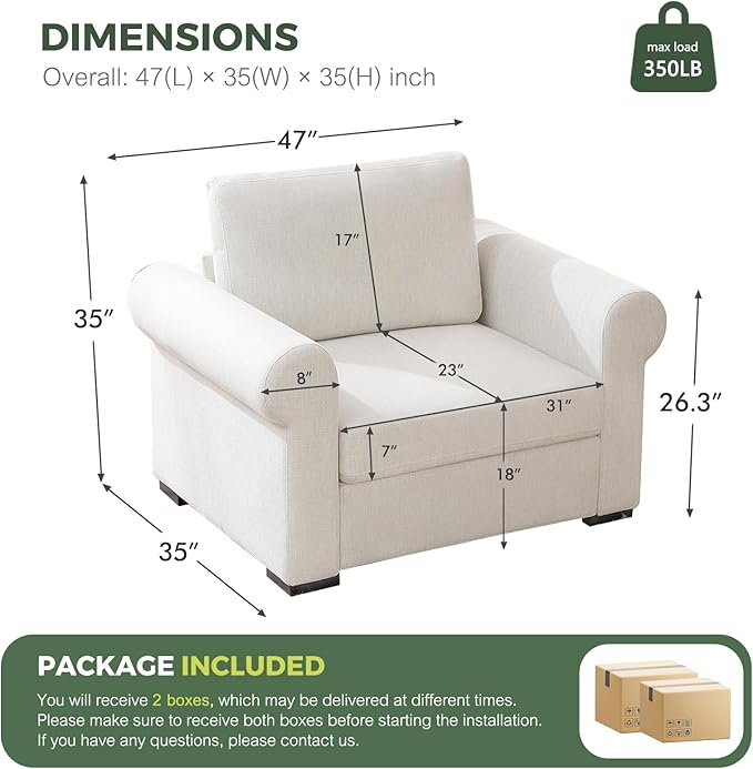 ELUCHANG Oversized Accent Chair Linen Fabric Modern Chair with Deep &amp Wide Seat Washable Covers Comfy Upholstered Large Chair Armchair Sofa Chair Reading Chair for Living Room Bedroom Office I